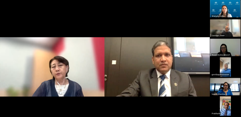 screenshot of Dr. Oyun (far left on screen) and Md. Kabir Hossain (to her right) leading the online Q&A session.