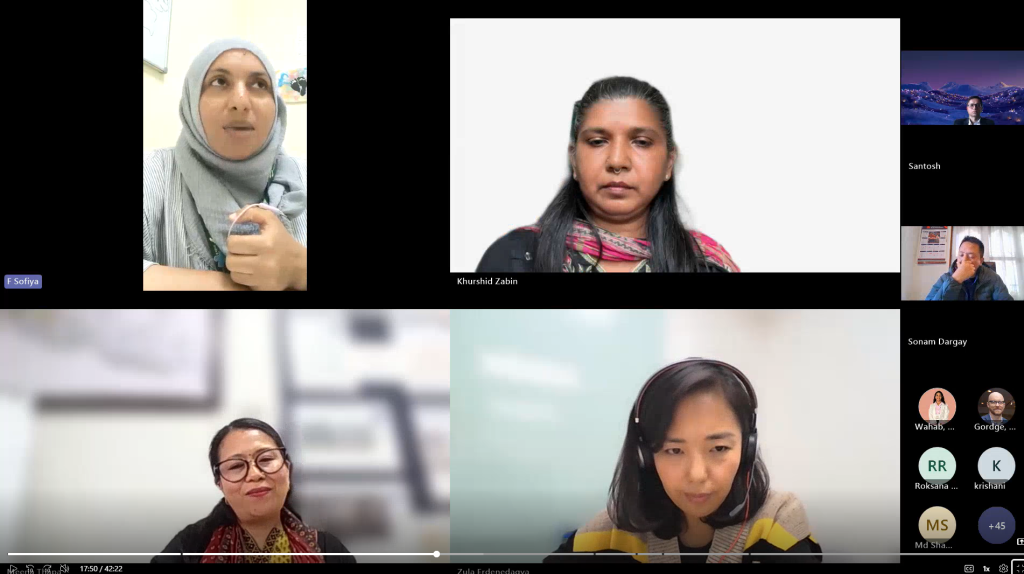Alumnae Fathimath Sofiya Rasheed from Maldives (top left), Khurshid Zabin from Bangladesh (top right), Meena Thapa from Nepal (bottom left) and Zula Erdenedagva from Mongolia (bottom right) engaging with the audience during the session.