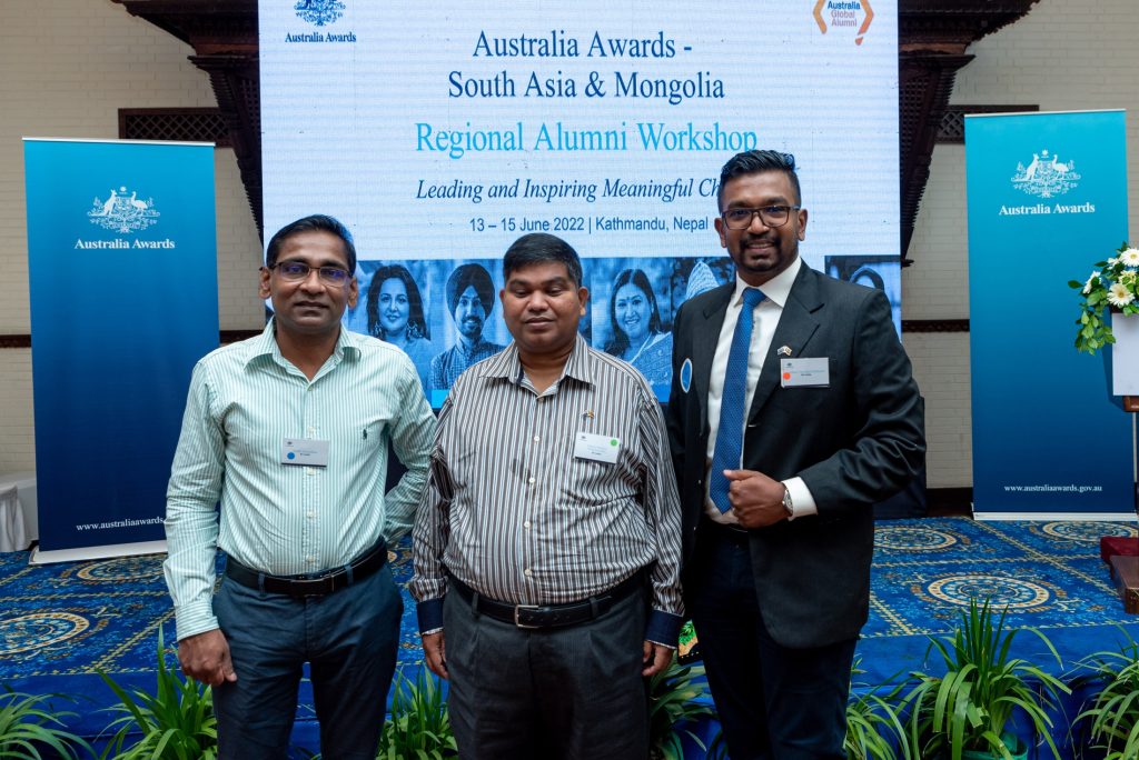Madura (right) pictured with two Sri Lanka alumni and participants at the 2022 Regional Alumni Workshop held in Kathmandu, Nepal.