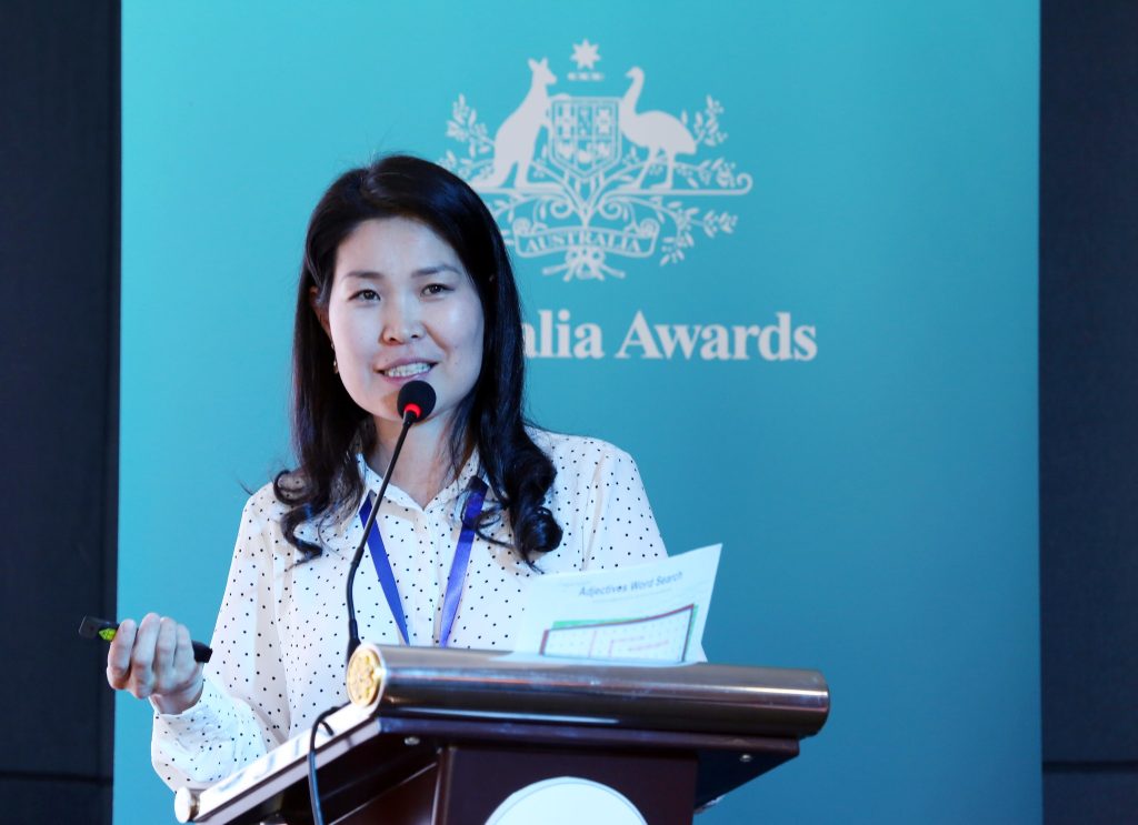 Oyundelger presenting her work at the 2023 Regional Alumni Workshop in Mongolia on the theme “Building Back Better: Climate Resilience and Green Economic Recovery.”