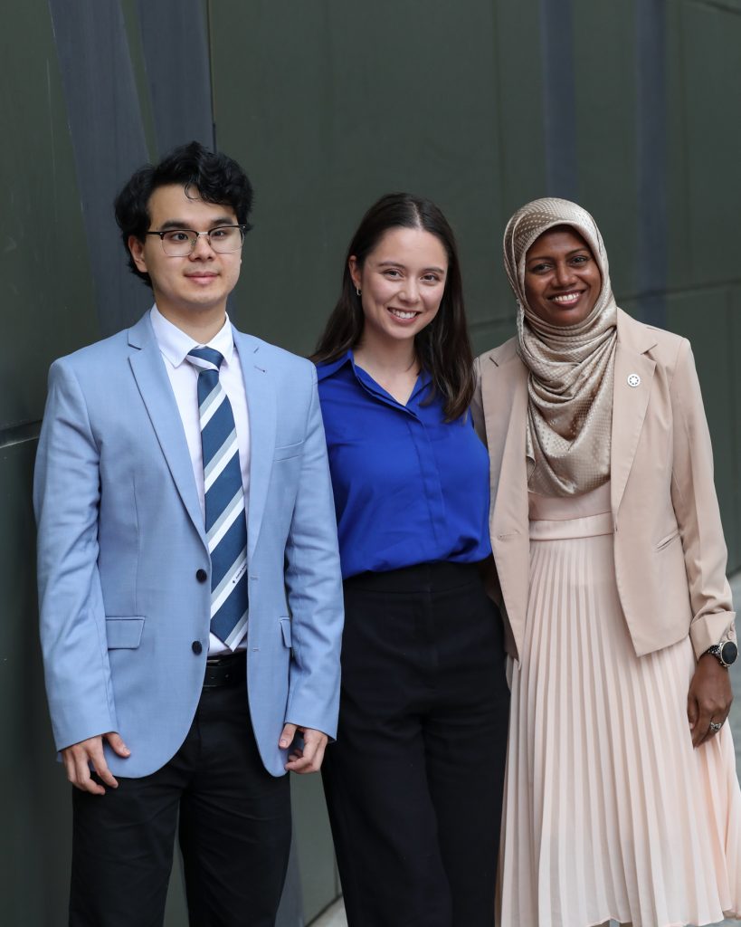 Bilguun (left) pictured with Senator Charlotte Walker (middle), Senator for South Australia with scholar at the time Halida Mohamed Mahroof (right) from Sri Lanka at the 2024 Scholars Forum in Adelaide.