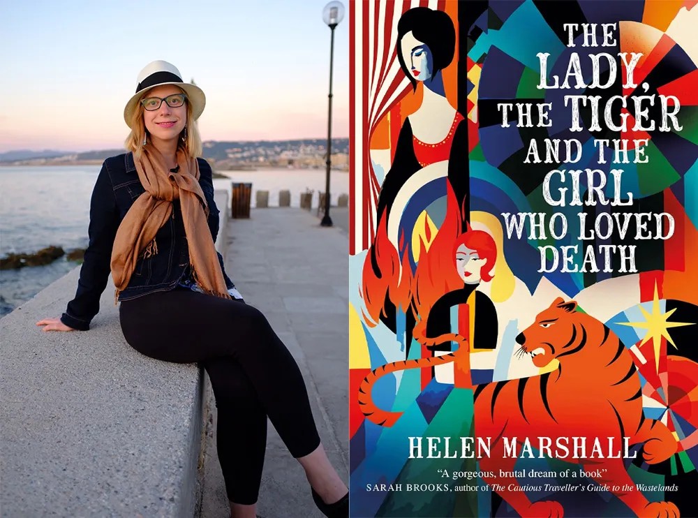 Helen (left) with an image of her book on the right.