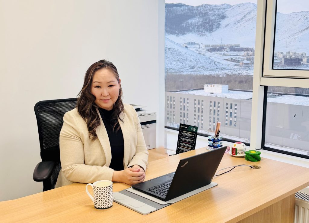 Tuvshe pictured in her office.