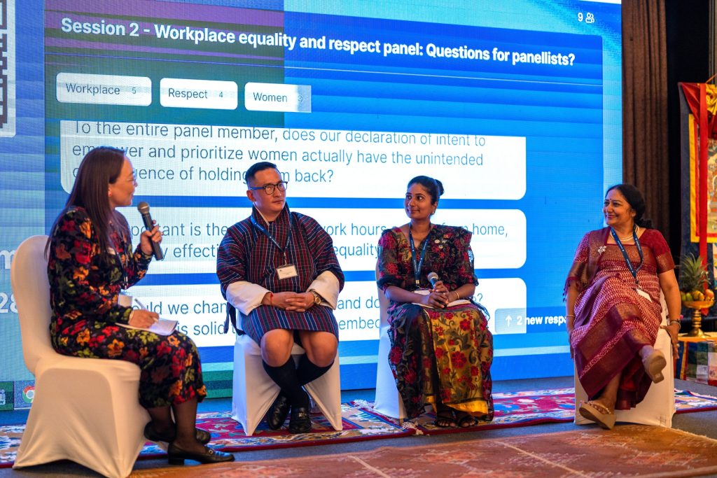 Upeka (second from right) participating in a panel discussion on gender equality in workplace at the 2024 Regional Alumni Workshop in Bhutan.
