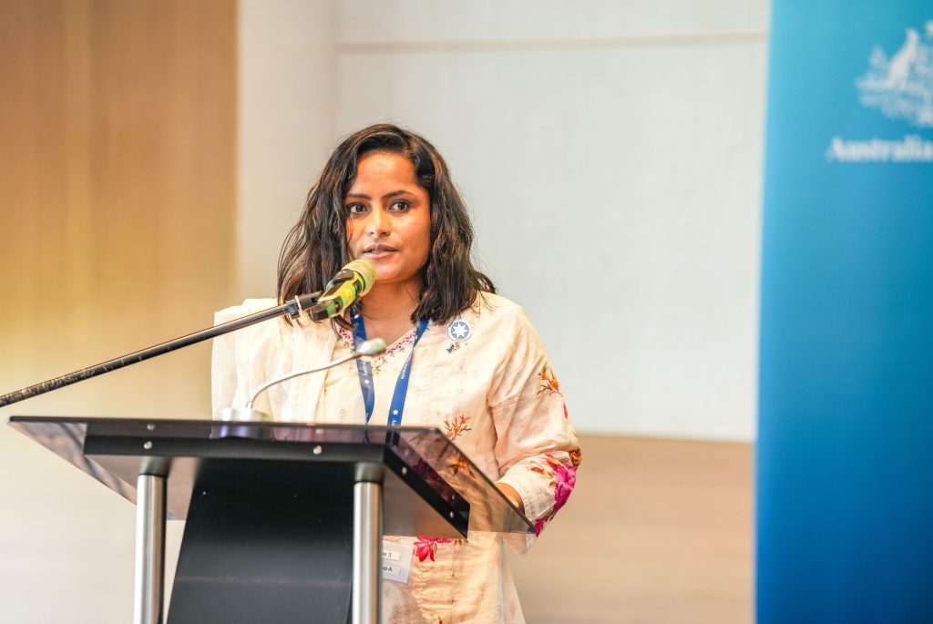 Nepali alum Nisha speaking at the 2025 Regional Alumni Workshop in Colombo.
