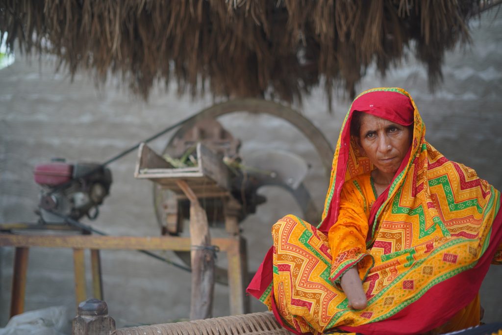 The silent crisis: Woman amputee beside a fodder-cutting machine, Sindh