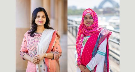 Portraits of two Australia Awards alumnae by Sydney Harbour Bridge